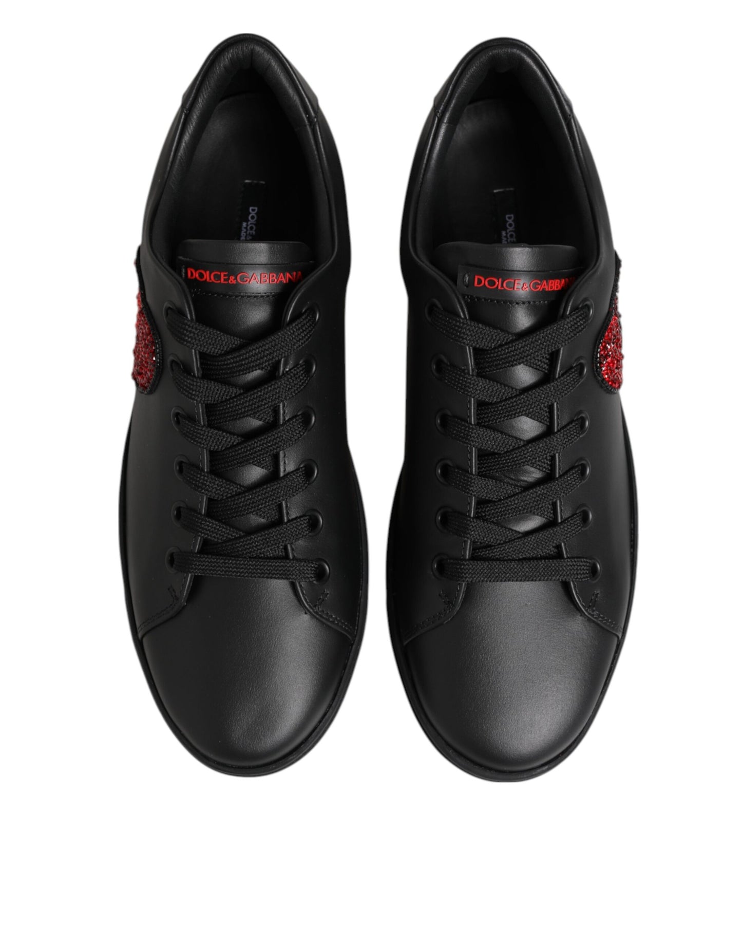 Dolce & Gabbana Schwarz Leder Crystal Heart Low Top Sneakers Schuhe