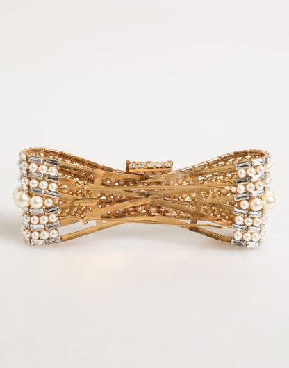 Dolce & Gabbana Gold Brass Glass Crystal Faux Pearl Embellished Brooch