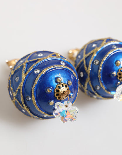 Dolce & Gabbana Gold Messing Blau Weihnachten Kugel Kristall Tropfen Clip auf Ohrringe