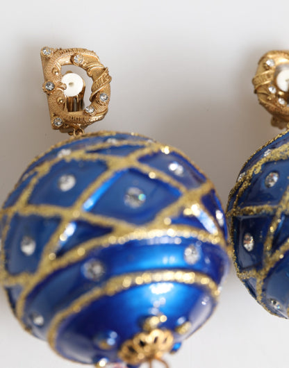 Dolce & Gabbana Gold Messing Blau Weihnachten Kugel Kristall Tropfen Clip auf Ohrringe