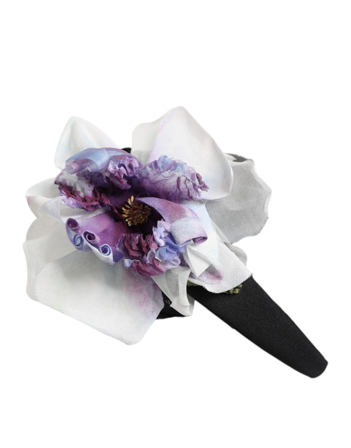 Dolce & Gabbana Black Green Silk Headband with Purple White Floral Appliqué