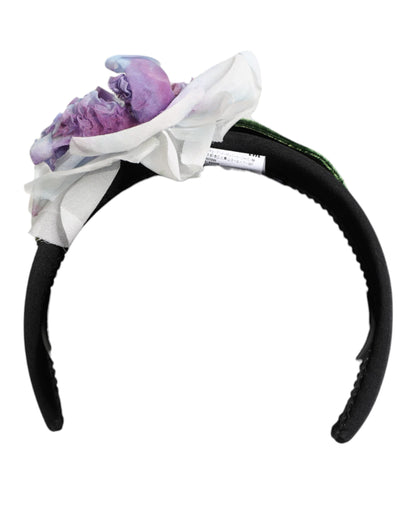 Dolce & Gabbana Black Green Silk Headband with Purple White Floral Appliqué
