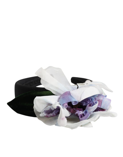 Dolce & Gabbana Black Green Silk Headband with Purple White Floral Appliqué