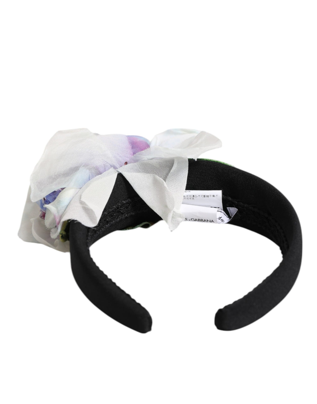 Dolce & Gabbana Black Green Silk Headband with Purple White Floral Appliqué