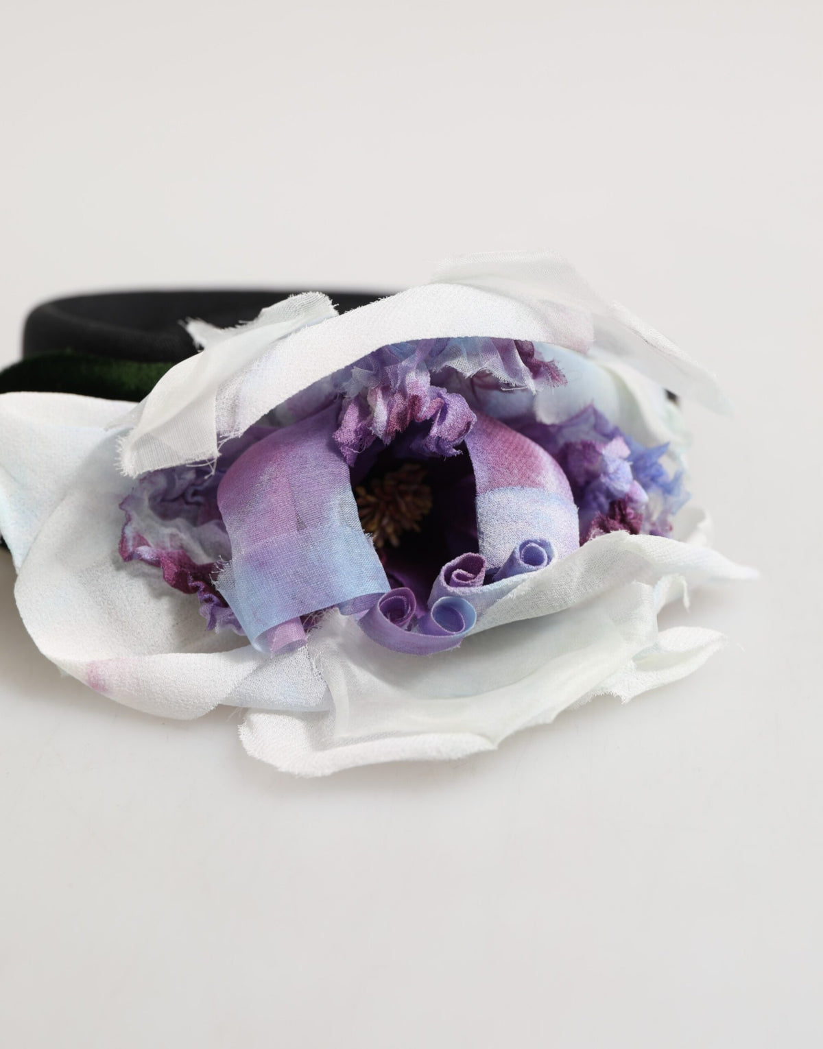 Dolce & Gabbana Black Green Silk Headband with Purple White Floral Appliqué