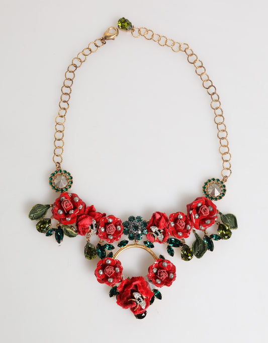 Dolce & Gabbana Rote Rose Floral Crystal verschönert Statement Schmuck Halskette