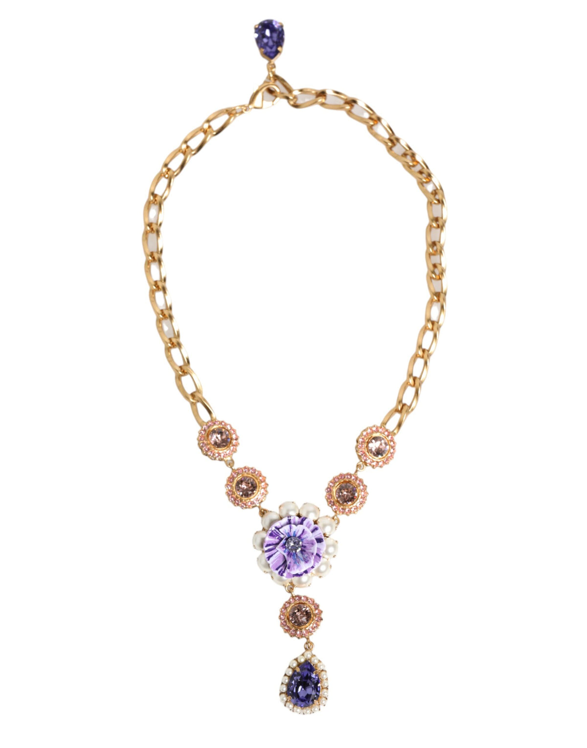 Dolce & Gabbana Goldfarbene Halskette mit violettem Kristall-Blumenanhänger