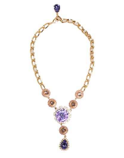Dolce & Gabbana Goldfarbene Halskette mit violettem Kristall-Blumenanhänger