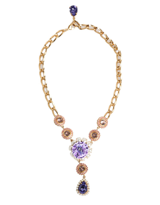 Dolce & Gabbana Goldfarbene Halskette mit violettem Kristall-Blumenanhänger