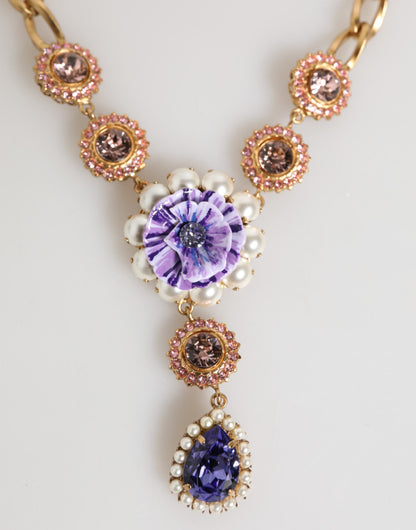 Dolce & Gabbana Goldfarbene Halskette mit violettem Kristall-Blumenanhänger
