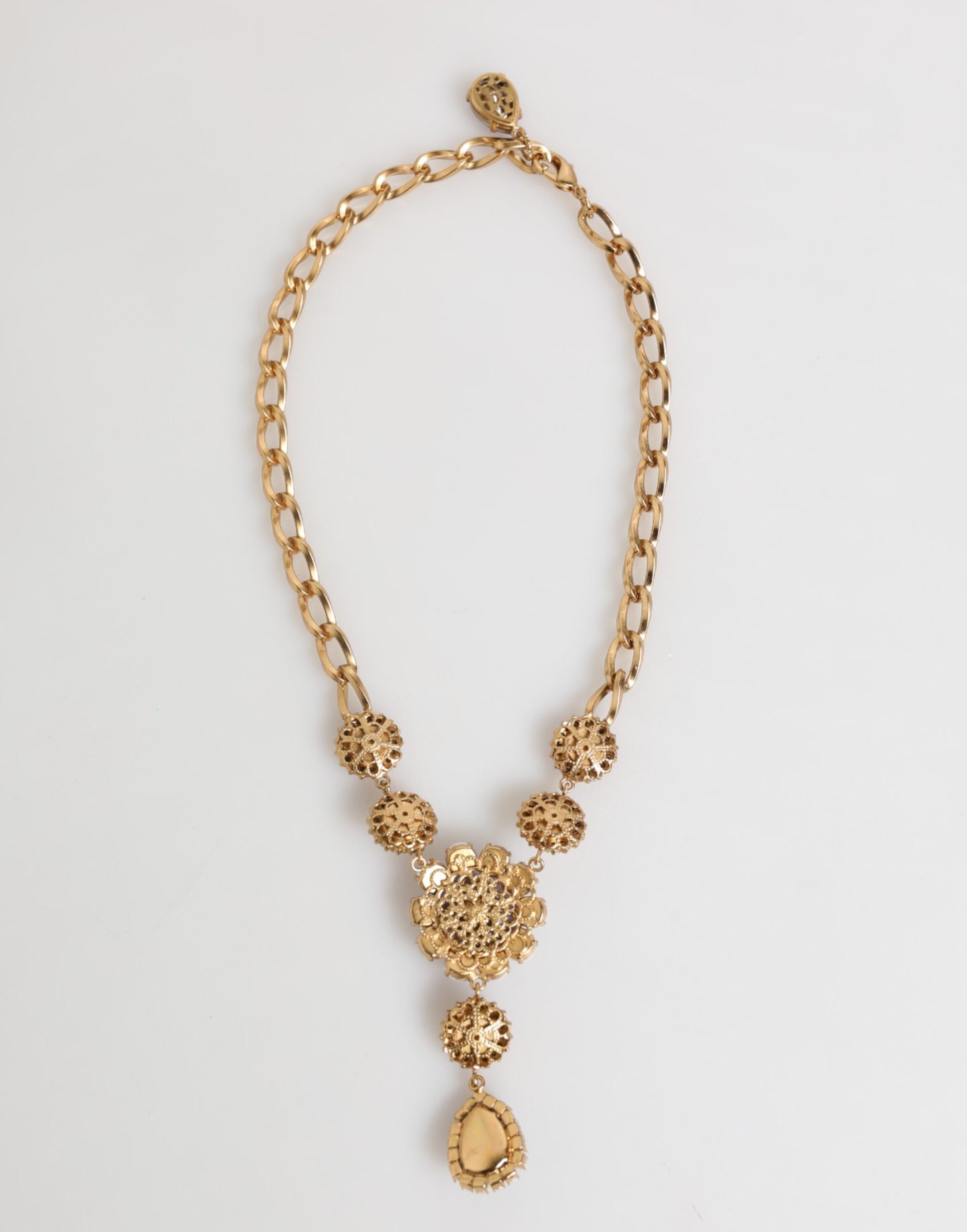 Dolce & Gabbana Gold Messing Kristall Perle Lila Floral Anhänger Schmuck Halskette