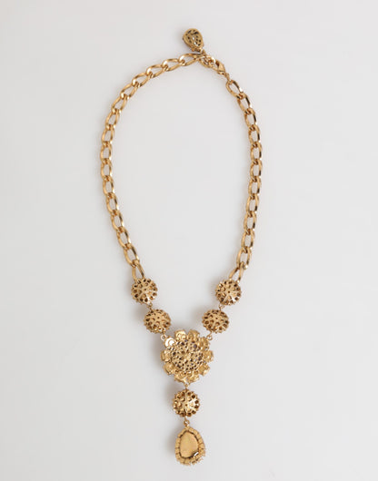 Dolce & Gabbana Gold Messing Kristall Perle Lila Floral Anhänger Schmuck Halskette