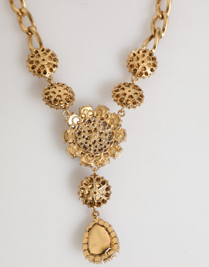 Dolce & Gabbana Gold Messing Kristall Perle Lila Floral Anhänger Schmuck Halskette