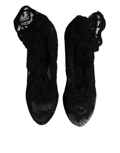 Dolce & Gabbana Black Stretch Lace Mid-Calf Boots
