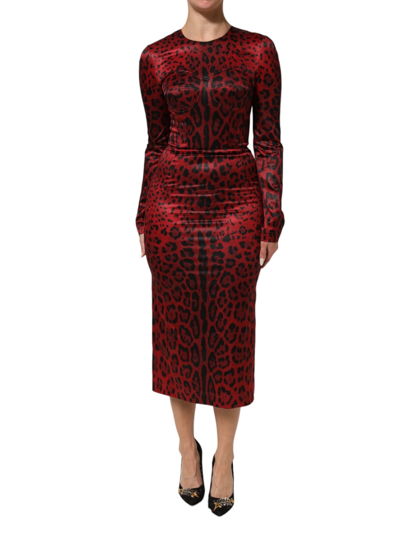 Dolce & Gabbana Rotes Leopard Etuikleid mit langen Ärmeln