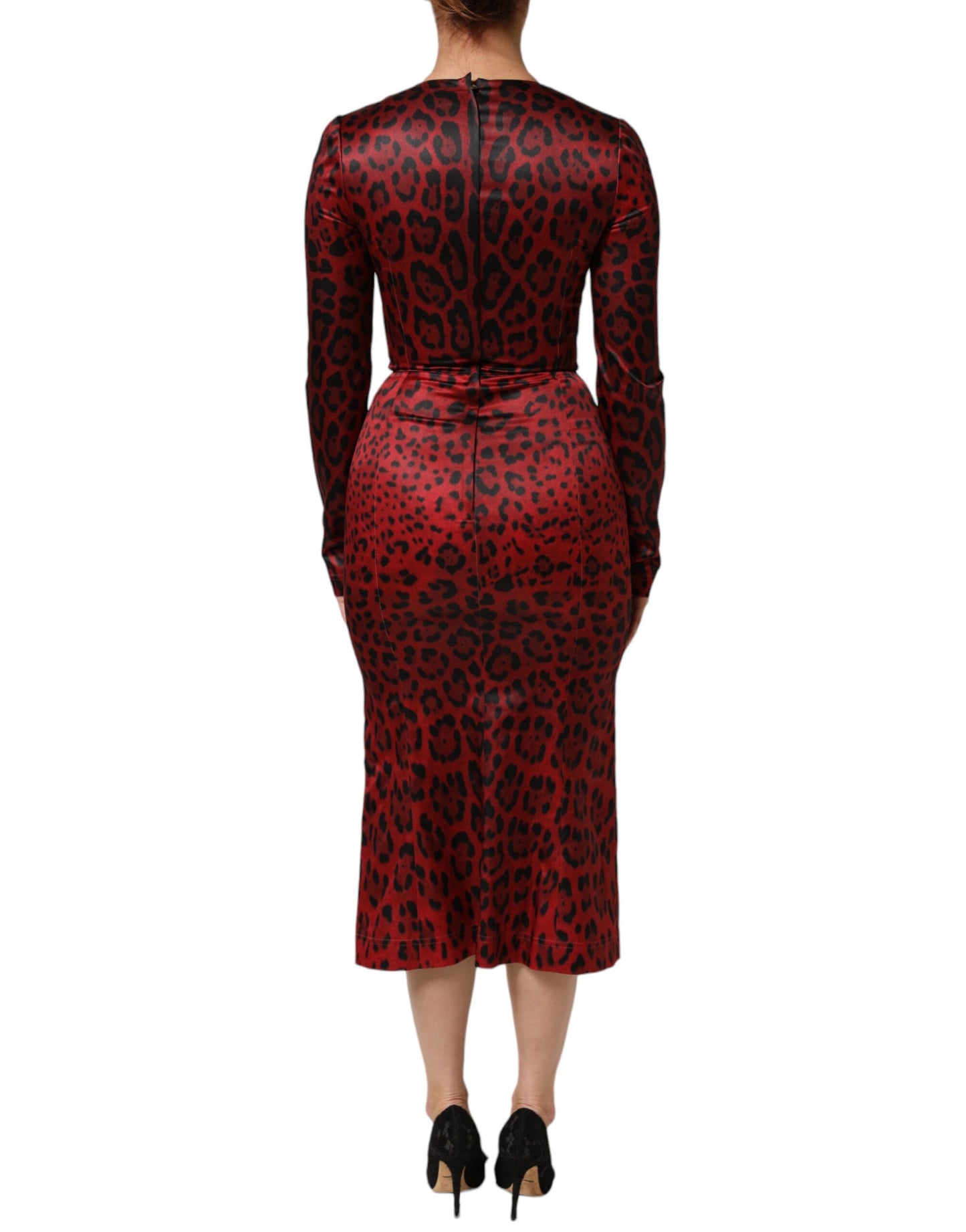 Dolce & Gabbana Rotes Leopard Etuikleid mit langen Ärmeln