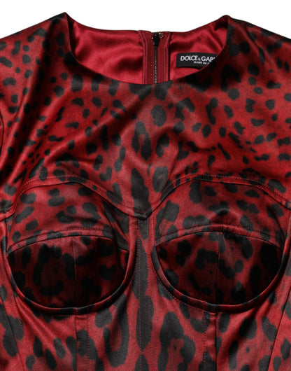 Dolce & Gabbana Red Leopard Sheath Dress with Long Sleeves