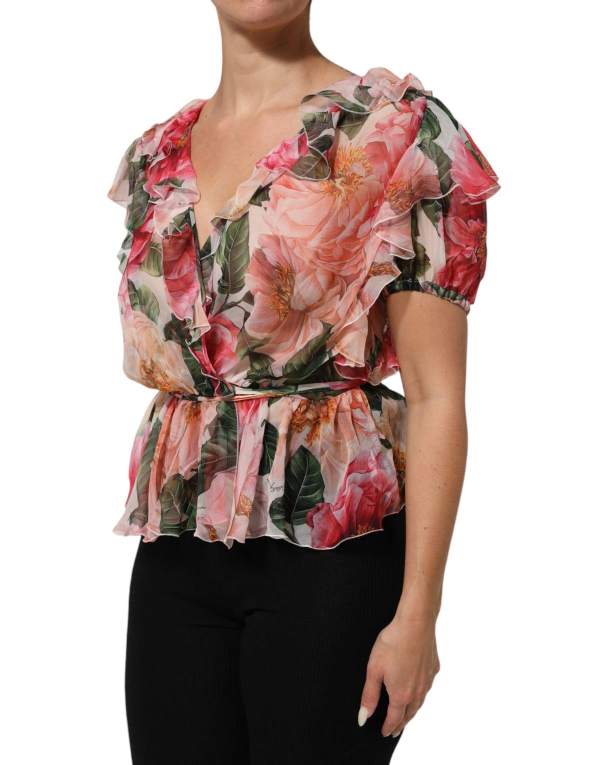 Dolce & Gabbana Blusa con scollo a V con stampa rosa in seta
