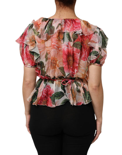 Dolce & Gabbana Rosa Kamelien bedrucktes Seidenblusentop mit V-Ausschnitt