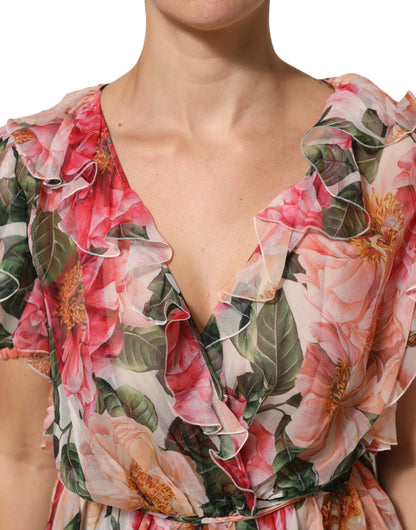 Dolce & Gabbana Rosa Kamelien bedrucktes Seidenblusentop mit V-Ausschnitt
