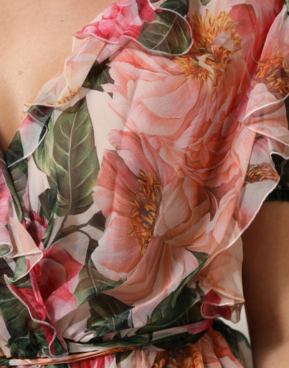 Dolce & Gabbana Rosa Kamelien bedrucktes Seidenblusentop mit V-Ausschnitt