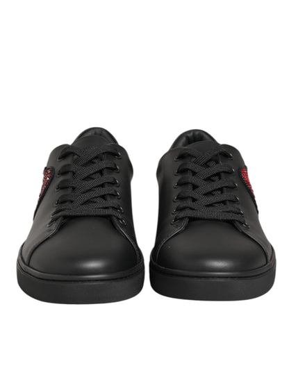 Dolce & Gabbana Schwarze Kalbsleder-Sneaker mit Kristallherz