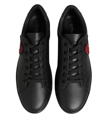 Dolce & Gabbana Schwarze Kalbsleder-Sneaker mit Kristallherz