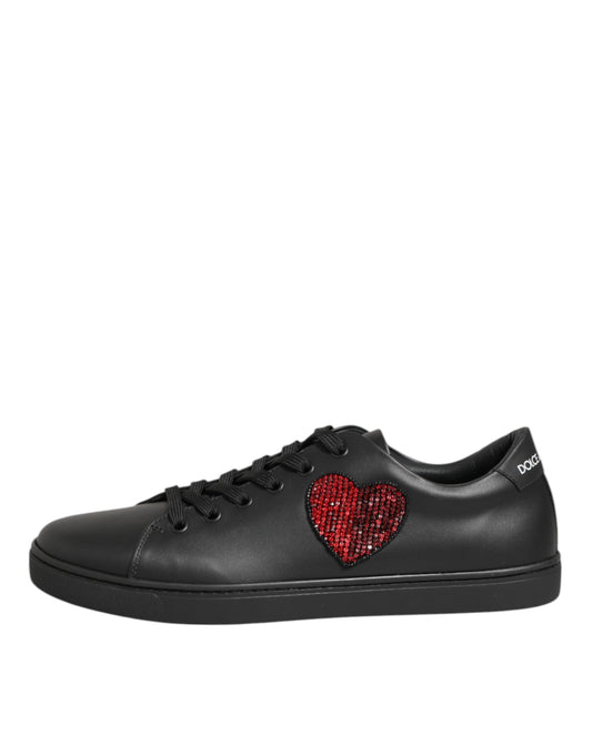Dolce & Gabbana Black Calf Leather Crystal Heart Sneakers