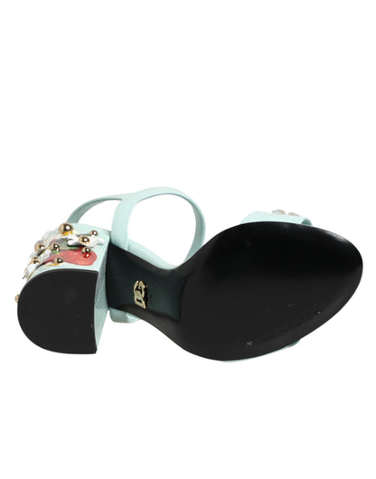 Dolce & Gabbana Mintgrüne Sandaletten mit floralen Nieten