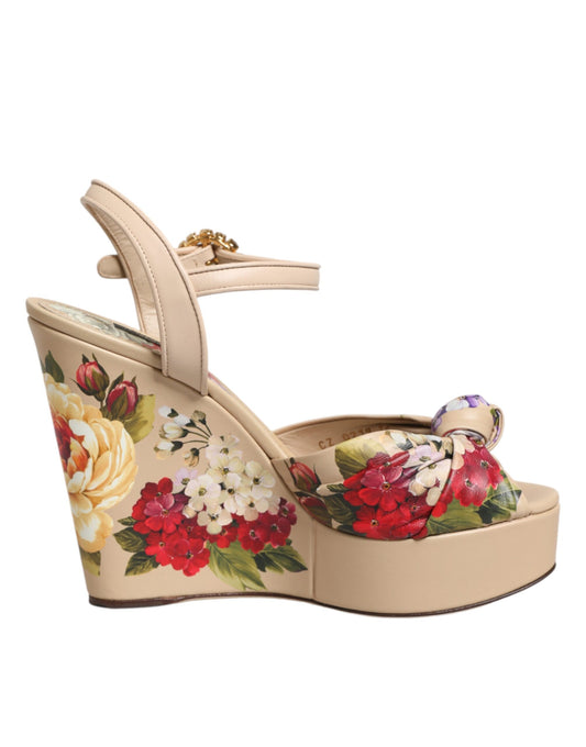 Dolce & Gabbana Sandali Beige con Motivo Floreale con Cinturino alla Caviglia