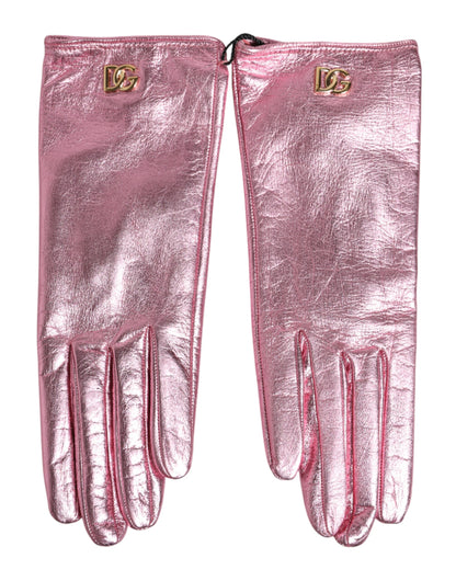 Dolce & Gabbana Rosa Lederhandschuhe mit DG-Logo und Stulpe