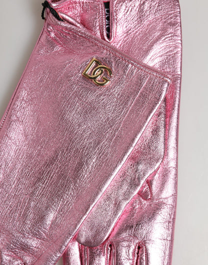 Dolce & Gabbana Rosa Lederhandschuhe mit DG-Logo und Stulpe