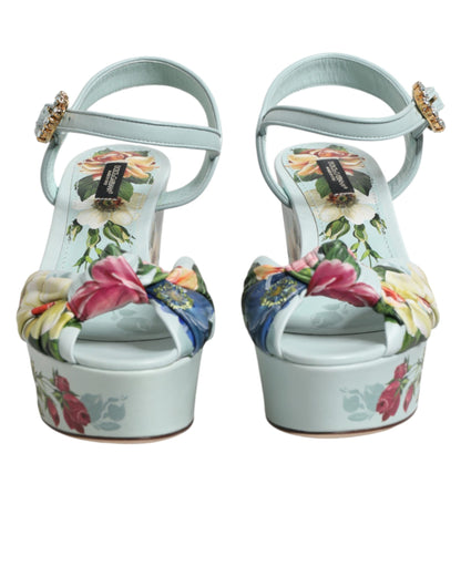 Dolce & Gabbana Grüne Blumen-Sandalen mit Knöchelriemen und Keilabsatz