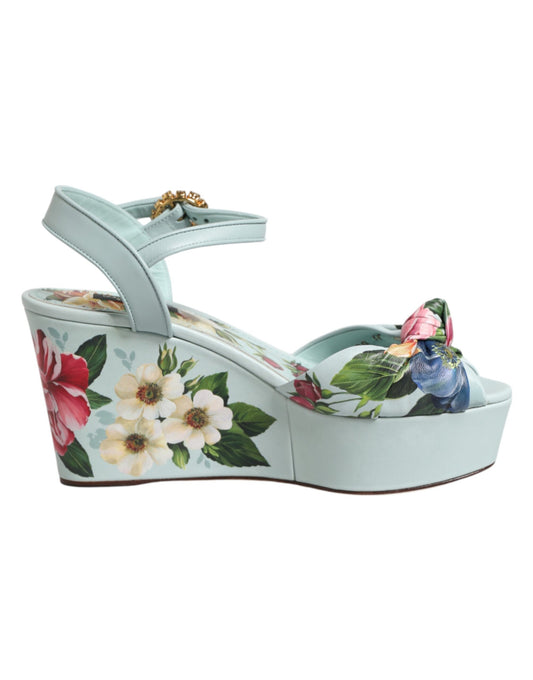 Dolce & Gabbana Sandali con Zeppa Verdi Floreali in Pelle di Vitello