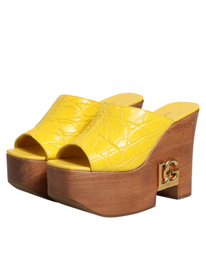 Dolce & Gabbana Gelbe Leder-Holz-Mule-Keil-Slides