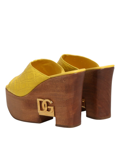Dolce & Gabbana Gelbe Leder-Holz-Mule-Keil-Slides