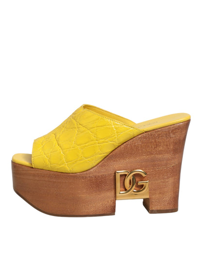 Dolce & Gabbana Gelbe Leder-Holz-Mule-Keil-Slides
