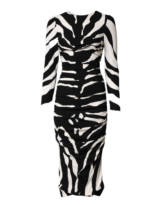 Dolce & Gabbana Schwarz-weißes Zebra-Viskose-Midikleid