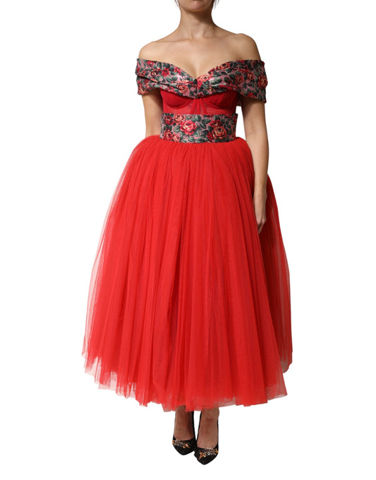 Dolce & Gabbana Rotes Blumen-Abendkleid mit Carmen-Ausschnitt und A-Linie