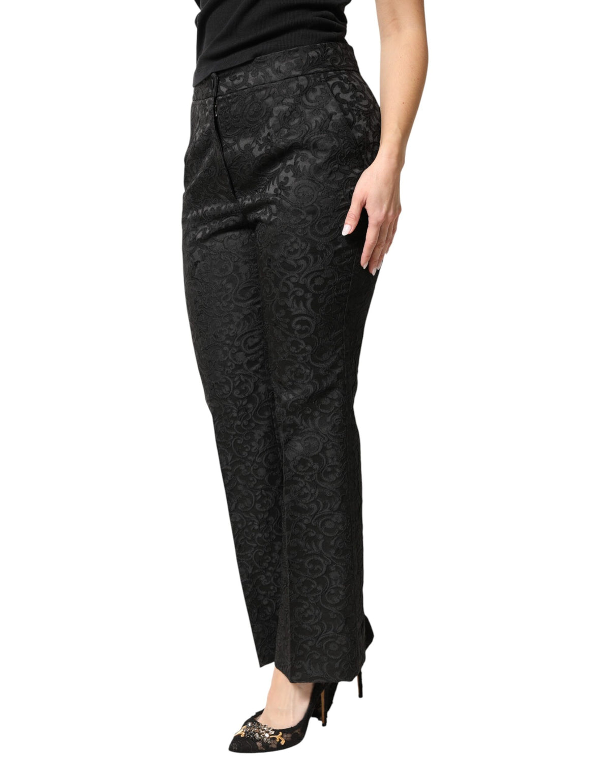 Dolce & Gabbana Schwarze High-Waist Hose aus floralem Brokat