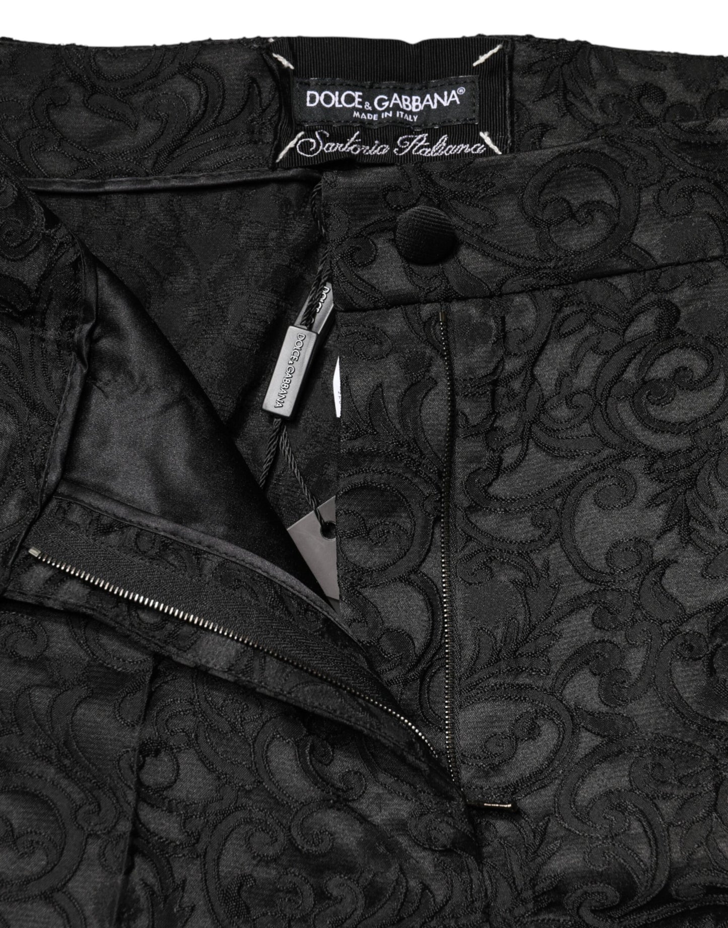 Dolce & Gabbana Schwarze Hose aus floralem Brokat mit hoher Taille