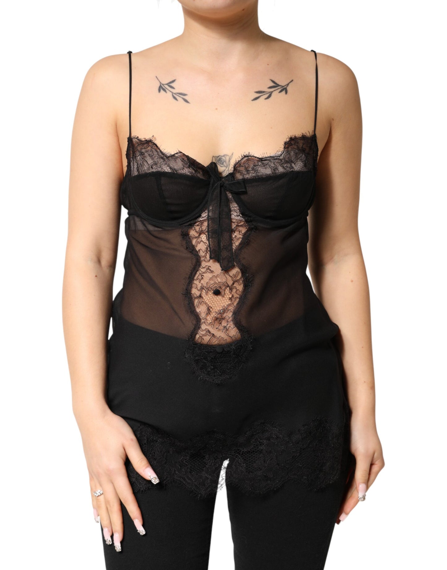 Dolce & Gabbana Schwarzes Seiden-Chemise mit floraler Spitze