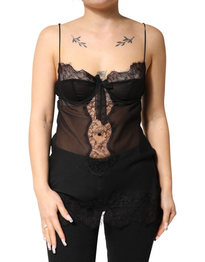Dolce & Gabbana Schwarzes Seiden-Chemise mit floraler Spitze