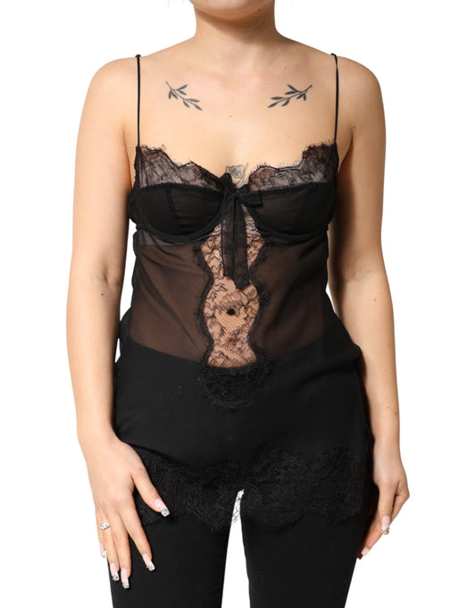 Dolce & Gabbana Schwarzes Seiden-Chemise mit floraler Spitze