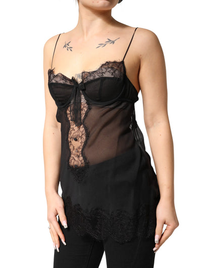 Dolce & Gabbana Schwarzes Seiden-Chemise mit floraler Spitze